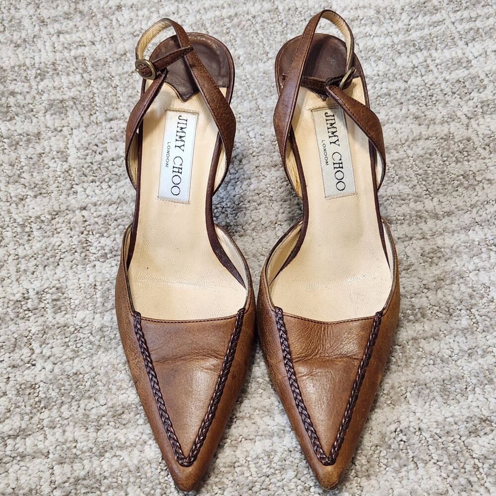 Jimmy Choo women's point toe slingback leather heels brown size 37 IT or 7 US - Picture 4 of 10